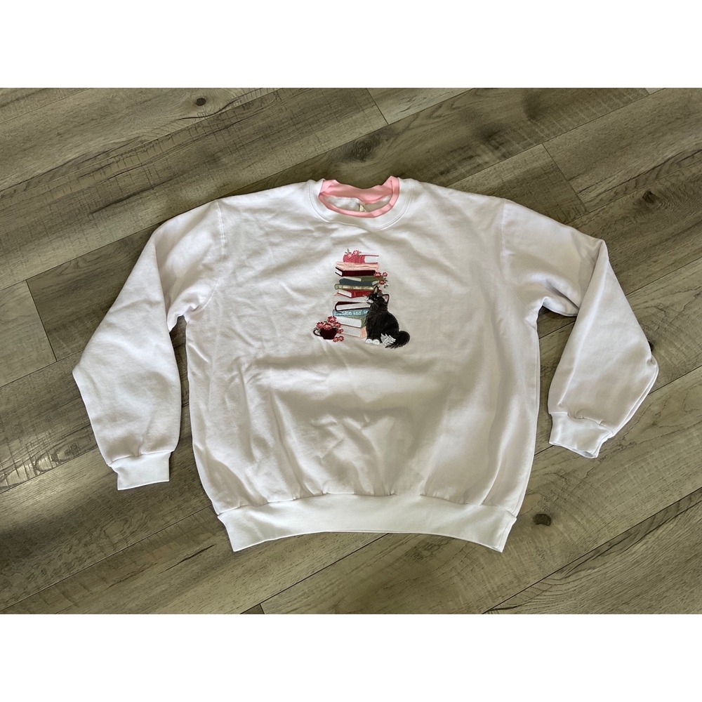 Morning Sun White Embroidered Cat and Books Sweatshirt Pink Double Collar XL